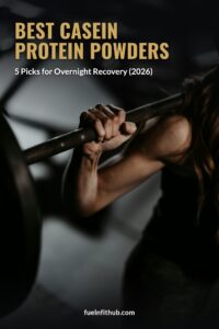 Woman lifting a barbell in a gym, illustrating overnight muscle recovery supported by casein protein