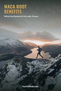 Trail runner at sunset in snowy mountains, symbolizing natural energy and stamina — Maca Root Benefits