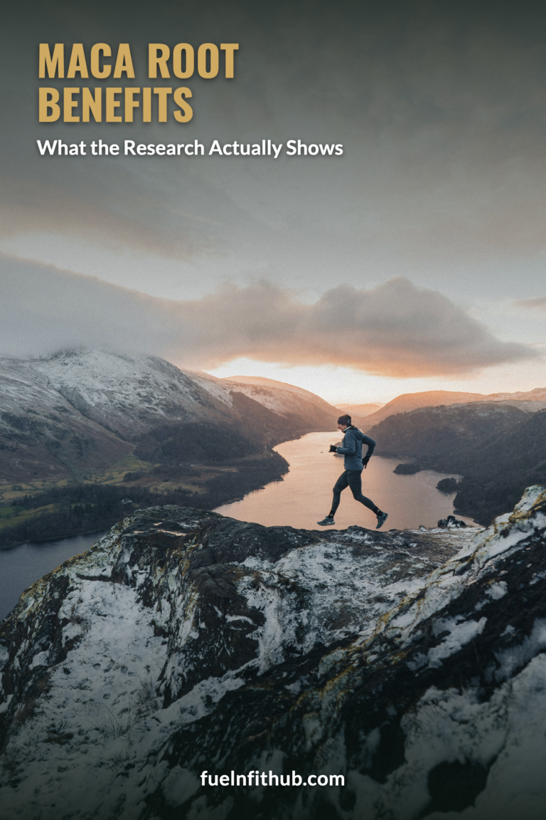 Trail runner at sunset in snowy mountains, symbolizing natural energy and stamina — Maca Root Benefits